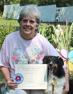 Cheryl with MYNE Belfast Fancy Lady THD (Drew) Drew received AKC Therapy Dog Title; Drew received AKC Therapy Dog Title with over than 250 visits visiting Nursing Homes.